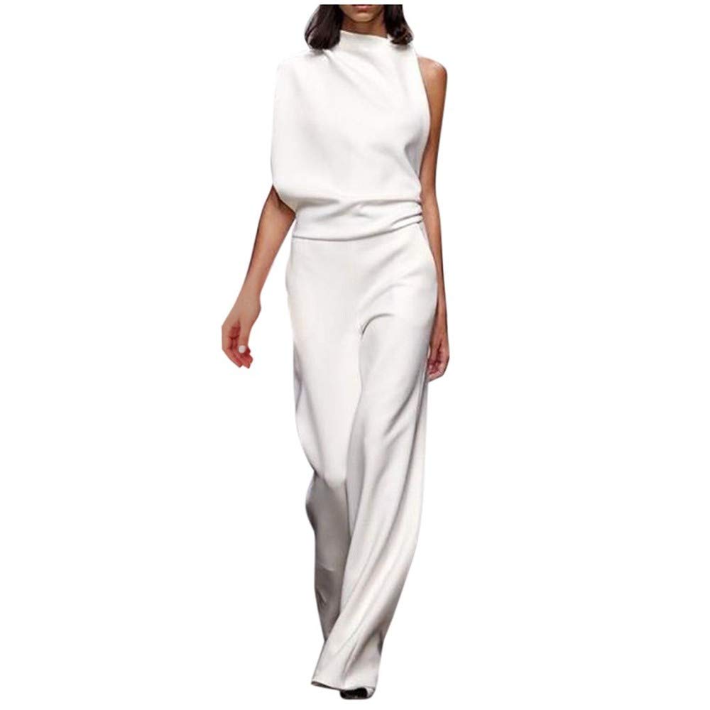 ZEZKT Mono Largo de Pierna Ancha Elegante de un Hombro para Mujer Moda cómodo Jumpsuit Verano Mujeres Mono sin Mangas Sexy para Fiesta Pantalones de Patas Anchas
