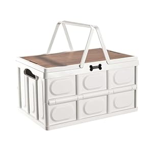 Collapsible Dog Toy Basket with Handles, Dog Stuff Organizer, Portable Pet Storage Bin with Wood Cover for Toys, Snacks and Camping Essentials, Ideal for Car Trunk, RV Trip, Picnic