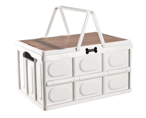 Brabtod Collapsible Dog Toy Basket wtih Handles,Dog Stuff Organizer Outdoor Portable,Pet Storage Bin with Wood Cover for Dog Toys Snack and Camping Essentials,Ideal for Car Trunk, RV trip,Picnic