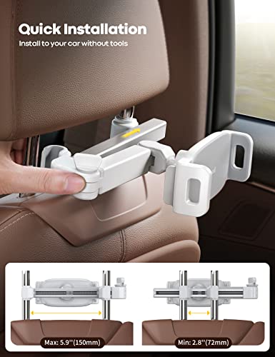Lamicall Car Headrest Tablet Holder - [Extension Arm] Upgrade Adjustable Tablet Car Mount for Back Seat, Road Trip Essentials for Kids, for 4.7-11" Device like iPad Pro, Air, Mini, Galaxy, Fire, White