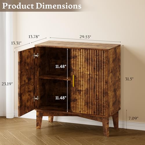 Image of BORNOON Storage Cabinet with Doors and Adjustable Shelf, Modern Fluted Sideboard Buffet Cabinet, Freestanding Coffee Bar for Kitchen, Pantry, Entryway, Living Room (Rustic Brown)