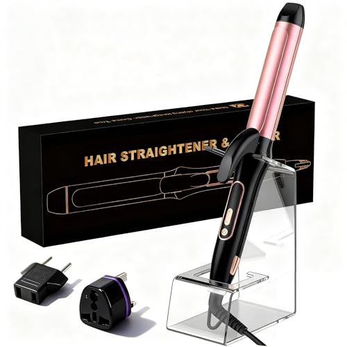 2 in 1 Curler and Straightener Travel Dual Voltage Curling Iron 1.25 Inch Normal Size Hair Curler Ceramic with EU/UK Plug Adapter for Travel Curling Wand Adjustable Temperature and Anti-Tangle