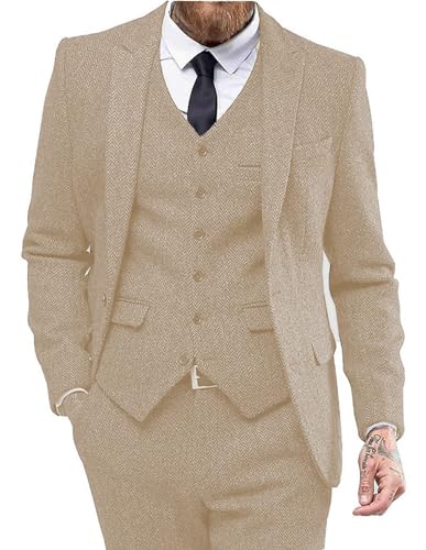 Men's Suit 3 Pieces Tweed Herringbone Suit Slim Fit Prom Tuxedos Formal Two Button Blazer Vintage Suit for Wedding Groom