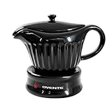 OVENTE Electric Gravy Boat Warmer with Ceramic Pot and Lid, Detachable Warming Base and Easy-Pour Spout, 13.5 Ounce Ideal for Small Parties, Entertaining, Thanksgiving and Holiday, Black FW024589B