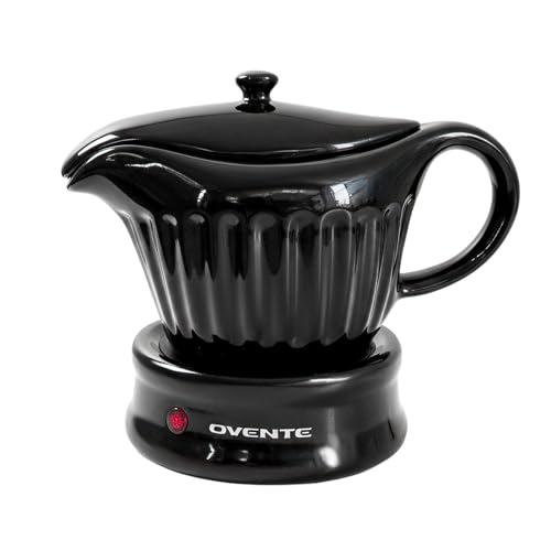 OVENTE Electric Gravy Boat Warmer with Ceramic Pot and Lid, Detachable Warming Base and Easy-Pour Spout, 13.5 Ounce Ideal for Small Parties, Entertaining, Thanksgiving and Holiday, Black FW024589B