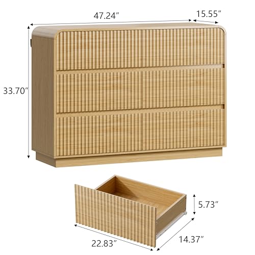 Image of Wodeer Oak Dresser Fluted 6 Drawers Dresser for Bedroom, 47 inch Wide Wood Chest of Drawers with Hidden Handles & Rounded Corners, Modern TV Stand Storage Cabinet for Living Room, Hallway, Entryway