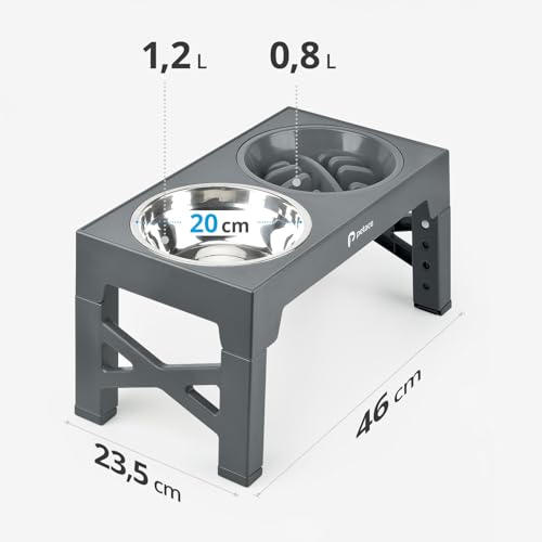 Petace Hundenapf Erhöhter Futternapf für Hunde, 2×1,2L Edelstahlschüsseln und 0,8L auslaufsicherem Hundenapf, Wassernapf Hund ohne Sabbern 5 Höhen einstellbar, Grau