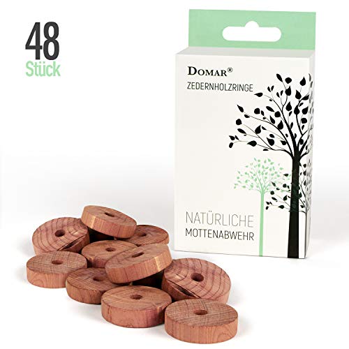 Domar 48 Stück Bio Mottenschutz für Kleiderschrank aus Holz - Mottenfalle aus Zedernholz gegen Motten im Schrank - Ringe für Kleiderbügel zum Schutz vor Kleidermotten - Anti Moth Repellent