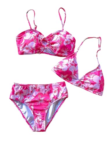 Girl's 3 Piece Summer Swimsuit Floral Print Ruched Triangle Halter Cut Out Beach Bathing Suits