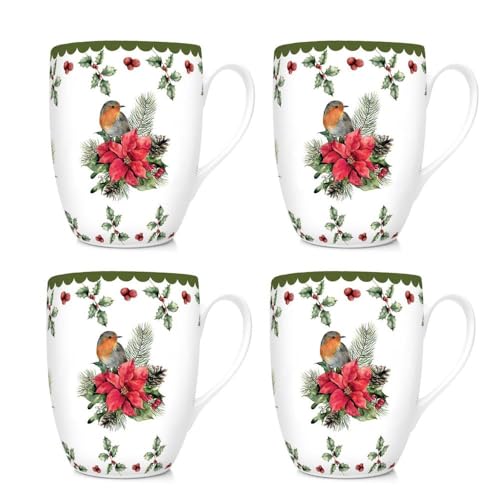 Set of 4 Festive Holly Robin and Poinsettia Christmas Mugs Xmas Gift Porcelain Mug Set Festive