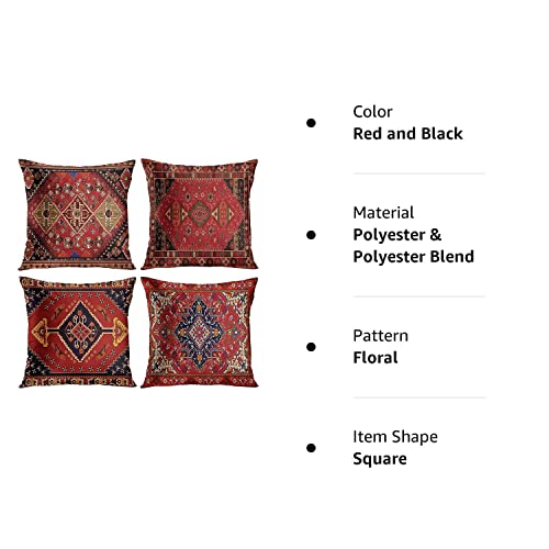 Emvency Set Of 4 Throw Pillow Covers Tribal Abstract Red And Black Vintage Persian Carpet Pattern Decorative Pillow Cases Home Decor Standard Square 20X20 Inches Floral Pillowcases #TOP6