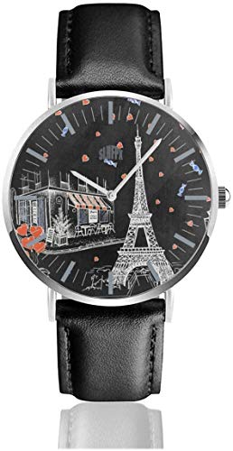 Watch Französisch Eiffelturm Heart Bike Fantastische Armbanduhren Quarz Edelstahl und PU-Leder für Unisex