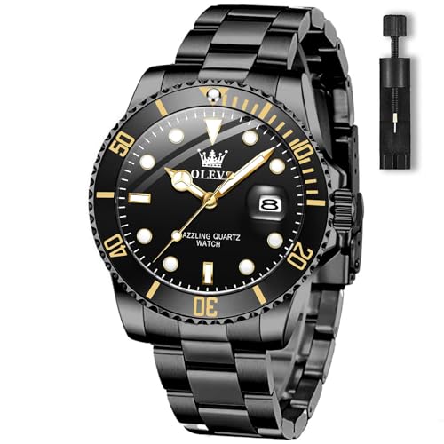 OLEVS Mens Casual Watches Classic All Black Stainless Steel Watches for Men Elegant Big Wrist Analog Quartz Easy to Read with Date Mens Watch Metal Band Nice Water Resistant Dive Watch for Men