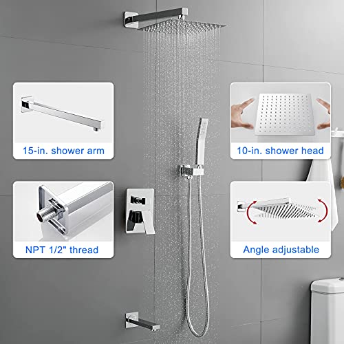 Rovogo Bathtub Shower Faucet Set Complete All Metal, Shower System With Tub Spout, 10-In. Rain Shower Square And Handheld, Chrome (Valve And Trim Kit Included) #TOP4