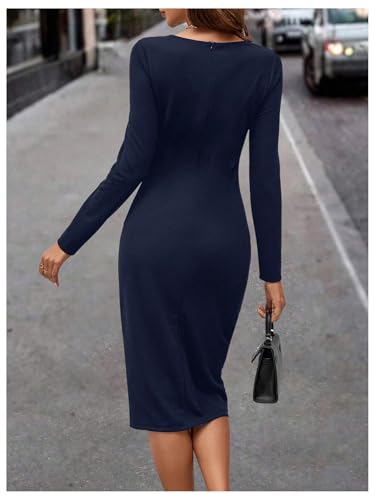 Image of SOLY HUX Women's Patchwork Leather Zipper Dress Crew Neck Long Sleeve Split Hem Elegant Bodycon Dress