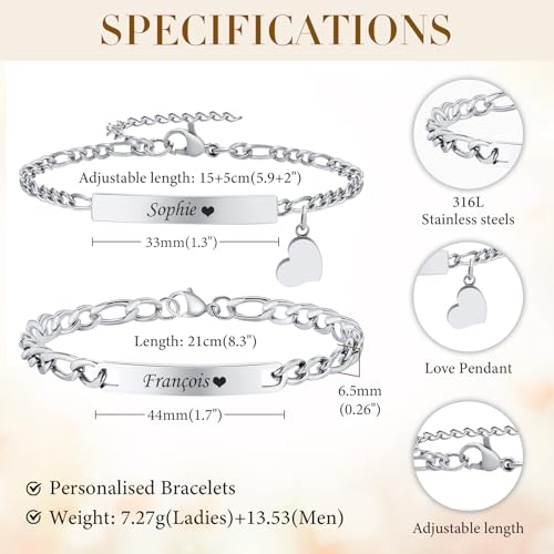 Personalized Matching Bracelet for Couple - Free Engraving Custom Couples Bracelets,Hypoallergenic Adjustable Stainless Steel Long Distance Relationship Jewelry,Promise Bracelet Gifts for Him and Her3