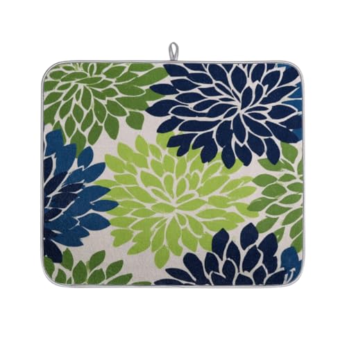 Tapete de secado de platos con diseño floral de dalia verde claro y azul marino para encimera de cocina, tapete escurridor de platos absorbente, lavable, para escurridores de encimera, 46 x 41 cm