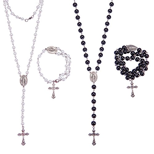 SUNNYCLUE DIY 2 Sets Rosary Making Kit Rosary Necklace Kit - 2 Strands 6mm 8mm White Black Handmade Glass Pearl Beaded Chain, Crucifix, Oval Centerpiece, Jump Rings, Lobster Claw Clasps, Instruction