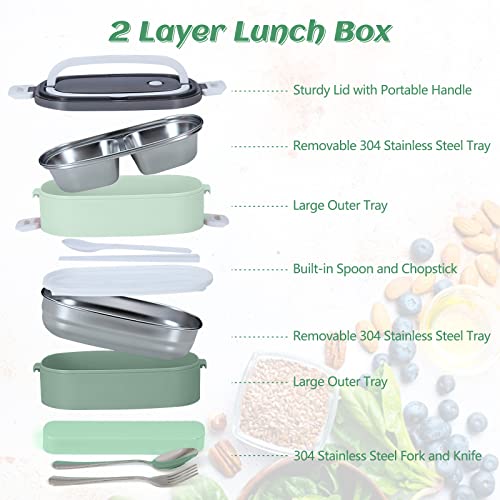 Image of 2 Tier Lunch box Bento Box with 3 Compartments & Cutlery, Leakproof Bento Lunch Box for Adult Kids, Food Storage Portable Lunch Box with Lunch Bag for Work School