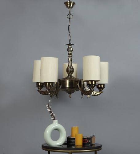Image of Devansh 05-Light Conical Off-White Cotton Shade Chandelier - Antique Golden Finish | Adjustable Cord | Warm Glow Lamp - Ceiling Light for Living Room, Dining Area, Bedroom & Entryway Decor - D10