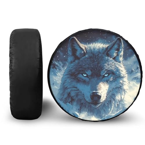 Image of Spare Tire Cover PU Leather, Wolf Head Print Polyester Tire Cover Weatherproof, Wheel Covers Universal for Trailer RV SUV Truck Camper Travel Trailer, 15 inch fits Tire Diameter 27.6 inch-29.5 inch