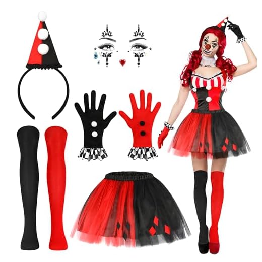 5PZ Disfraz Payaso Halloween para Mujer y Niña - Diadema Arlequín, Gemas Faciales, Guantes, Calcetines Altos, Falda Tutú - Conjunto Completo para Carnaval