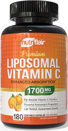 NutriFlair Liposomal Vitamin C 1700mg, 180 Capsules - High Absorption, Fat Soluble VIT C, Higher Bioavailability Immune System Support & Collagen Booster, Non-GMO, Vegan Pills
