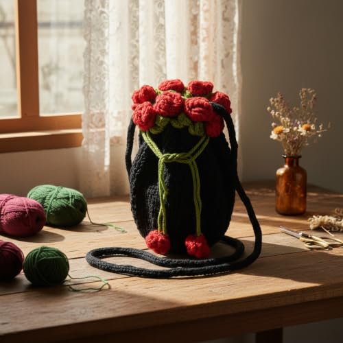 Image of Handmade Crochet Flower Crossbody Sling Bag for Women | Boho Knitted Bucket Shoulder Purse Rose Design