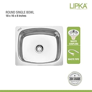LIPKA 304-Grade Stainless Steel – Round Single Bowl Kitchen Sink (20”x17”x8”) | Glossy Finish with Waste Pipe & Sink Coupling