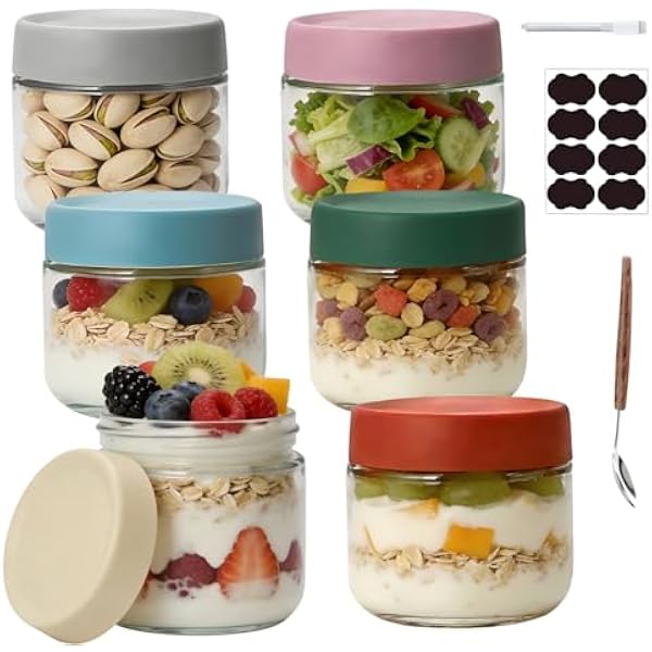 Słoiki na płatki owsiane na noc 6 sztuki 300 ml Słoiki z zakręcaną pokrywką do domowych dżemów, jogurtów, pudding, jako pojemniki do przygotowywania posiłków typu mason jar