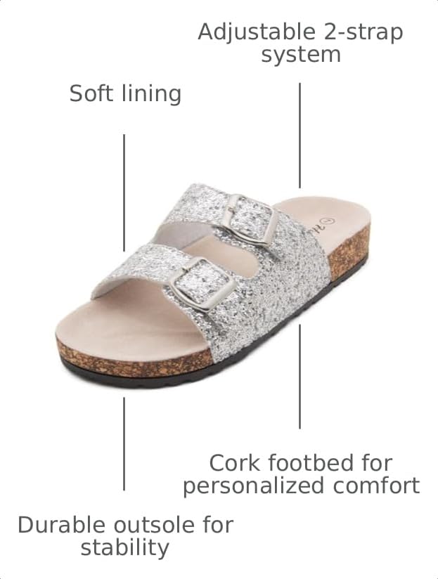Image of Herstyle Womens Cork Footbed Slides for Women, Double Strap Flat Sandals, Adjustable Buckle Comfort Slip On Shoes, Summer Beach Casual Walking Slippers