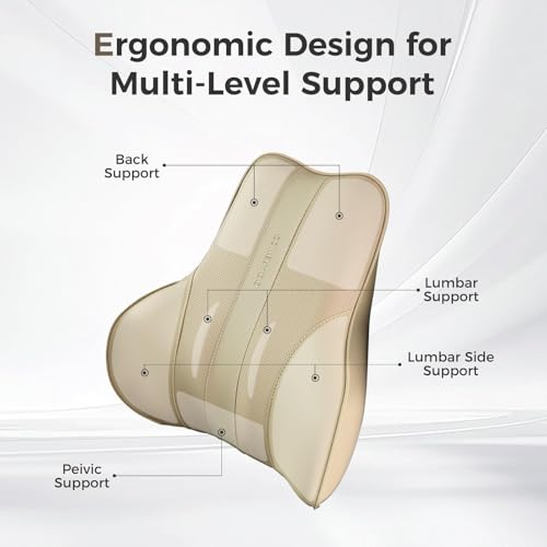 Image of Coverado Lumbar Support Pillow for Car, Ergonomic Memory Foam Back Pillow for Office Chair, Back Cushion for Back Pain Relief, PU Leather Car Lumbar Support for Driving Seat - Beige