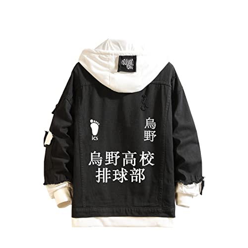 EDMKO Jeans Hoodie Jacke Anime Haikyuu!! Karasuno High School Volleyball Hoodie Unisex Anime Mode Kapuze Sweatshirt Outerwear Mantel für Männer und Frauen,Schwarz,XXL Cover