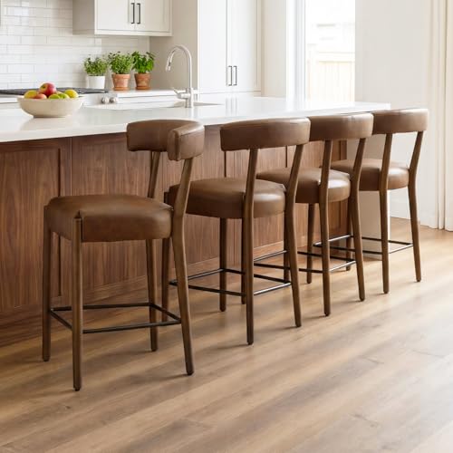 26.5" Bar Stools Set of 2, Modern Counter Height Barstools with Curved Back and Rubberwood Frame Upholstered Linen Kitchen Stool for Kitchen Island, Bar Pub, Charcoal