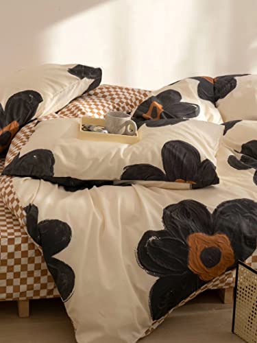 Image of KAREVER Black Floral Comforter Set Black Botanical Bedding Cal King Women Modern Elegant Chic Blankets Lightweight Black Sunflower Reversible