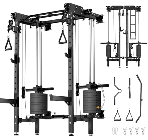 JEEKEE Folding Wall Mounted Power Rack with 180LB Weight Stack 2400LB 23 Heavy Duty Squat Rack Dual Cable Crossover System 1:1 Ratio Functional Trainer for Home Gym Small Space Black