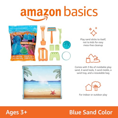 Image of Amazon Basics 11 Piece Moldable Sensory Sand Toy Kit with Castle Molds and Tools, 3lbs Blue Color, for Kids Ages 3 and Up