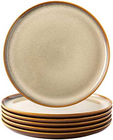 LERATIO Ceramic Dinner Plates Set of 6, 10.5 Inch Reactive Glaze Porcelain Plates, Modern Shape Dinnerware Dishes Set for Kitchen,Microwave&Dishwasher&Oven Safe, Scratch Resistant-Khaki