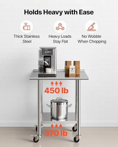 Image of VEVOR Stainless Steel Work Table, 24x30 inch Food Prep Table with Wheels and Backsplash, Commercial Kitchen Workstation with Adjustable Undershelf, Metal Utility Worktable, for Restaurant Home Outdoor