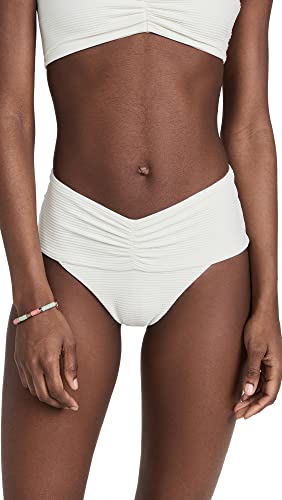 L*Space Eco Chic Econyl Bardot Bikini Bottom for Women, High Waisted Bottom, Classic Coverage, Eco Ribbed and Front & Back Ruching, Cream, S