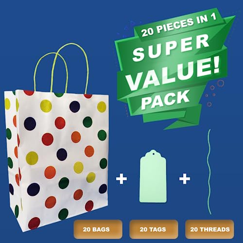 Suffix Retail (Pack Of 20) Polka Dots Multicolor Paper Bags For Return Gifts With Gift Tags & Threads/Gift Bags For Corporate Events (12X8.7X3 Inches) | Party Favor Bags - 100Gsm