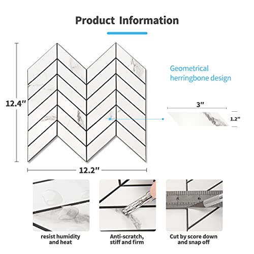 Art3D 10-Sheet Herringbone Peel And Stick Backsplash, Self Adhesive Marble Tiles Stick On Wall Tiles For Kitchen, Bathroom.(White Marble) #TOP3