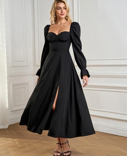 Women High Slit Long Sleeve Maxi Dress Fall Wedding Guest Sweetheart Neckline Casual Long Dresses4