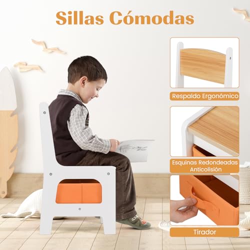 Miniatura 4 de Costway Juego De Mesa Y Sillas Infantil, Mesa De Actividades 4 En 1 Para Niños Con Superficie Reversible, 2 Estantes Para Libros Y Cajas De Almacenaje, Set De Muebles Infantil De 3 Piezas Natural