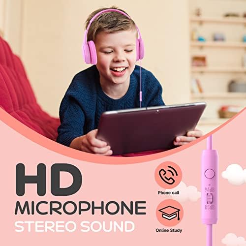 KLUGMIA Wired Kids Headphones, 85dB/94dB Volume Limited, Over Ear Headphones for Kids with in-line HD Mic, Audio Sharing, Foldable Kids Headphones Wired (pink)