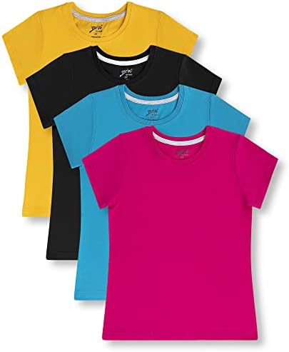 Brix Girls' Short Sleeve Tees - 4-Pack Crew Neck Jersey Comfort Soft Basic T-Shirts. (Pink, Blue, Yellow, Black, 8 Years)