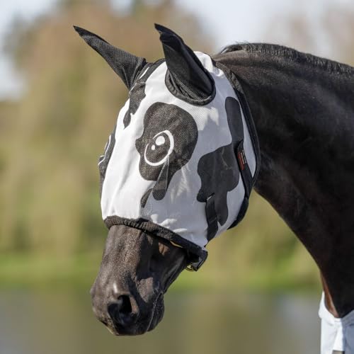 Schneiders Dura-Mesh Designer Fly Horse Masks | Fun Patterns & 70% UV Protection | Durable 1000D Mesh with Ear Coverage & Fleece Comfort | Cow Design | Color Black | Cob Size