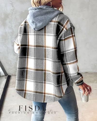Women's Plaid Hooded Button-Down Shirt Jacket, Long Sleeve Flannel Check Pattern, Casual Fall Winter Outerwear3