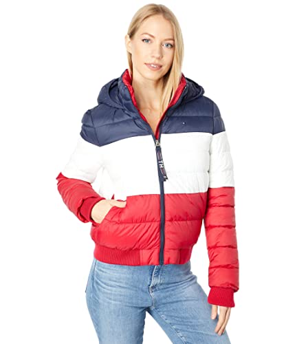 Tommy Hilfiger Womens Cropped Tri-color Jacket,Blue,X-Large