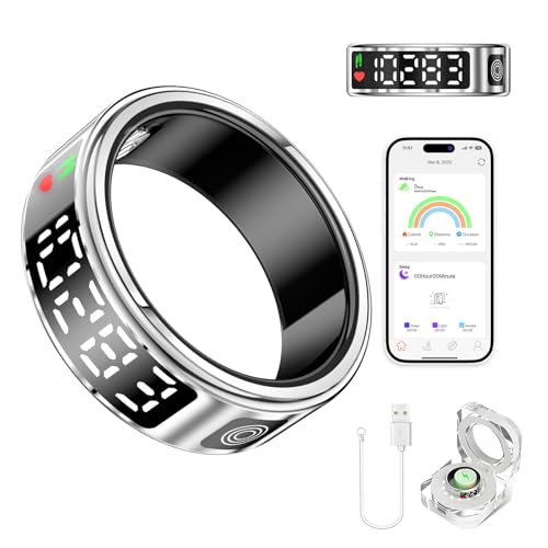 Domhong Smart Ring Health Tracker for Women & Men - IP68 Waterproof Fitness Rings with LED Screen, Heart Rate/Blood Oxygen/Sleep Monitoring/Motion Tracking, No Subscription Fee(10#) by Domhong - Used condition - US$15.26